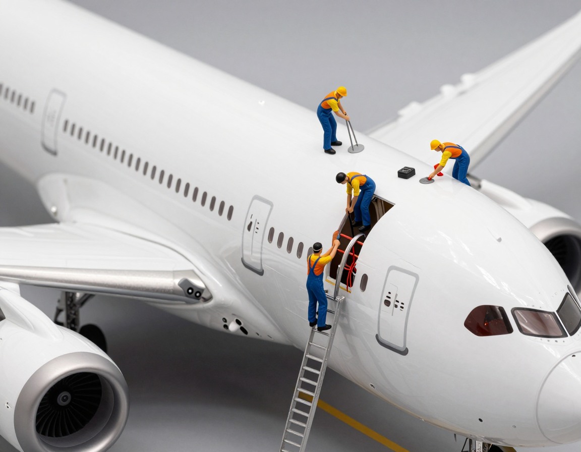 ultra realistic photo of tiny miniature workers upholstering a full-size modern Boeing 787 Dreamliner, extremely detailed tiny tools, tiny wires, miniature metal pieces, workers climbing the aircraft structure like a construction site, natural daylight, macro photography depth, sharp aircraft texture, real shadows, true-to-life colors, hyper detailed scene