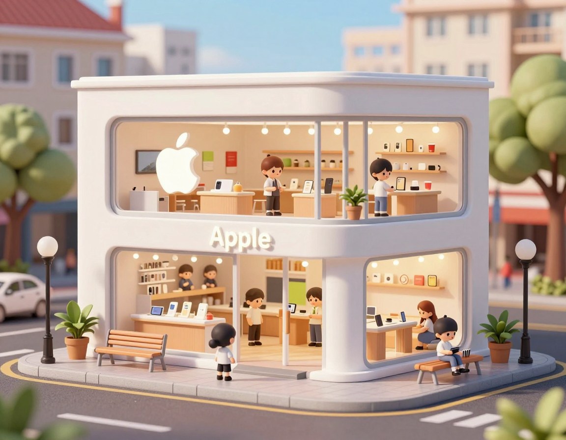 3D chibi-style miniature concept store of {Apple}, creatively designed with an exterior inspired by the brands most iconic product or packaging. The store features two floors with large glass windows clearly showcasing the cozy and finely decorated interior: {white}-themed decor, warm lighting, and busy staff dressed in outfits matching the brand. Adorable tiny figures stroll or sit along the street, surrounded by benches, street lamps, and potted plants, creating a charming urban scene. Rendered in a miniature cityscape style using Cinema 4D, with a blind-box toy aesthetic, rich in details and realism, and bathed in soft lighting that evokes a relaxing afternoon atmosphere