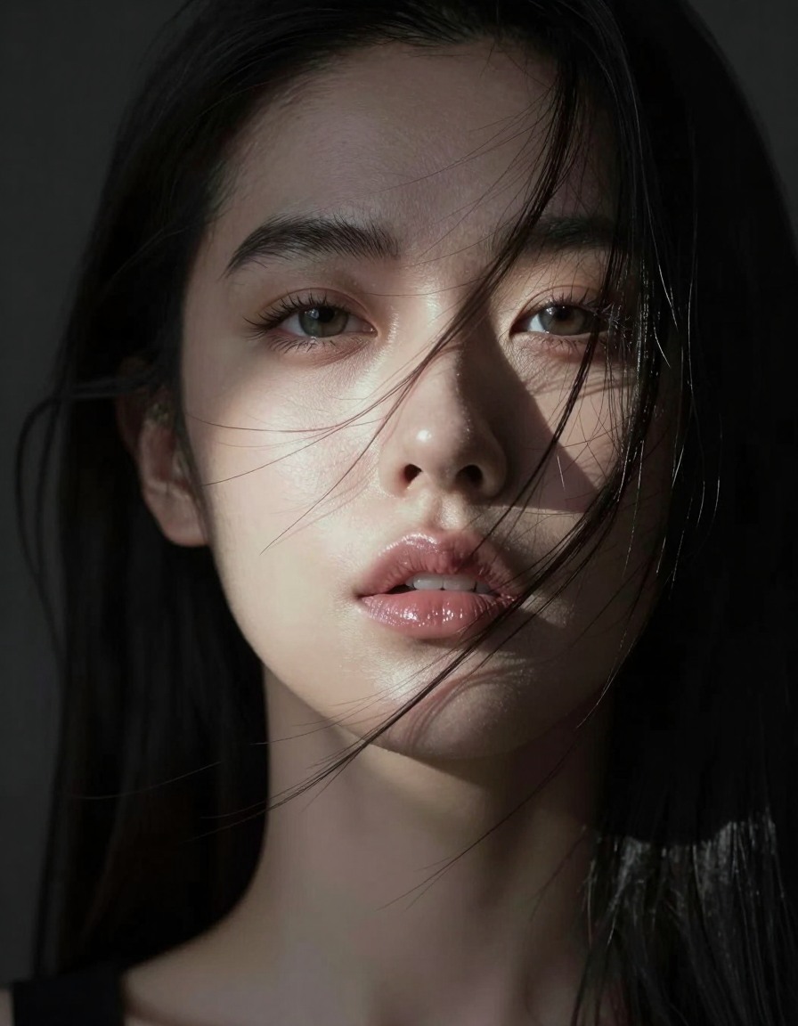style: 8K ultra-realistic close-up portrait,gender: female,skin_tone: fair,hair: color: black,movement: windswept,details: partially covering one eye,expression:gaze:elevated, intense,features: irises: light-colored, illuminated,cheekbones: high and sharply defined,lips: glossy,lighting: type: natural,direction: sharp diagonal beam,effect: illuminates gaze and facial structure,shadows: deep, enveloping the rest of the face and background,mood: dark, cinematic, editorial,camera: shot_type: close shot,focus: extreme clarity on illuminated facial features